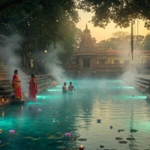 A serene evening scene of Atri Hot Spring with steam rising from crystal-clear sulfur-rich waters, glowing with ethereal blue-green luminescence. In the foreground, three Indian people in traditional Odiya attire (white and red bordered sarees for women, dhoti for man) peacefully soaking in the sacred waters. Ancient stone steps leading to the water, adorned with intricate Odisha-style temple carvings. Massive banyan trees with hanging roots frame the scene, their leaves casting dappled shadows. Traditional temple architecture in Kalinga style visible in the background. Golden sunset light filtering through the steam creates a mystical atmosphere. Delicate lotus flowers float on the water's surface, with small oil lamps (diyas) scattered around the edges. The scene features soft, dreamy lighting with warm golden and cool blue tones blending together. Multiple small waterfalls cascade into the main pool, creating gentle ripples. Mandala patterns form naturally in the water's surface through reflections. Art style combining traditional Pattachitra art elements with modern digital aesthetics, emphasized by glowing particles and light rays in the steam. The overall composition suggests deep spirituality and natural healing.