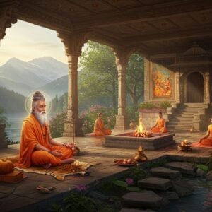 A serene ancient ashram nestled in lush Himalayan foothills, with traditional Indian architecture featuring intricately carved stone pillars and wooden beams. In the foreground, Sage Atri sits in deep meditation on a tiger skin mat, surrounded by a soft golden aura. He wears saffron robes with sacred thread, has a flowing white beard, and holds a kamandalu in one hand and prayer beads in the other. Behind him, the ashram courtyard features a sacred fire pit with gentle flames, surrounded by blooming lotus flowers and peaceful devotees in meditation. The scene is illuminated by warm morning sunlight filtering through trees, creating ethereal light rays. Architectural details include Madhubani-style paintings on walls depicting vedic scenes. Mountains in background with misty peaks. The color palette focuses on peaceful earth tones, saffron, and gold accents. Soft glowing mandalas float in the air, suggesting divine presence. A small clear stream flows nearby with stepping stones. Style combines hyperrealistic digital art with traditional Indian artistic elements, emphasizing serenity and spirituality.