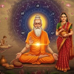 A serene ancient sage Atri Maharishi in traditional saffron robes meditating in lotus position, emanating a soft golden aura, depicted in the traditional Indian Madhubani art style but with modern digital refinement. Behind him, a large intricate mandala featuring seven primary stars representing the Saptarishi constellation. The sage is surrounded by detailed Vedic symbols and patterns in deep maroon and peacock blue. His wife Anasuya stands gracefully beside him in a traditional silk saree with gold border, holding a copper water vessel. The background shows a stylized ancient Indian gurukul with students in earth-toned clothing studying scrolls. Floating lotus flowers and sacred geometry patterns frame the scene. The lighting is ethereal with soft glowing highlights. The art style combines traditional Indian elements with contemporary digital art techniques, featuring rich textures and intricate details. The overall composition suggests wisdom, heritage, and spiritual lineage.