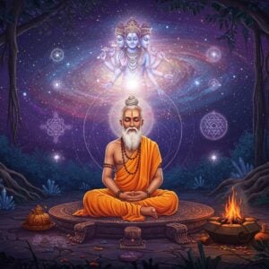 A serene scene depicting the sage Atri in deep meditation, wearing traditional saffron-colored dhoti with intricate golden patterns. His face radiates divine wisdom with a glowing third eye. He sits in padmasana on a carved stone platform surrounded by seven ethereal rings of light representing the Saptarishi. In the background, a massive cosmic visualization shows stars, galaxies, and the three divine forms - Brahma, Vishnu, and Shiva as subtle energy forms. The forest setting features ancient banyan trees with aerial roots forming natural mandala patterns. Sacred fire burns nearby with emerald flames. Floating crystals and geometric yantra patterns in gold and silver add a modern cosmic touch. Moonlight filters through leaves creating dappled light effects. Art style combines traditional Pattachitra techniques with modern digital art aesthetics, using rich jewel tones of deep purple, celestial blue, and burnished gold. The scene has a mystical quality with swirling energy patterns and subtle sacred geometry overlays. Small details include ancient Sanskrit texts manifesting as light particles and constellation patterns forming Vedic symbols.