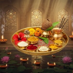A sacred puja thali made of polished brass, intricately decorated with traditional Indian patterns and mandala designs, floating above a serene lotus pond. The thali contains authentic puja items: fresh red hibiscus flowers, yellow marigolds, vermillion kumkum in a small silver container, golden haldi, white rice grains arranged in a sacred pattern, copper kalash with mango leaves and coconut, lit brass diya with glowing flame, sandalwood paste in a silver bowl, and camphor tablets. Behind the thali, ethereal light streams through temple windows creating a divine atmosphere with soft golden rays. Delicate smoke wisps from burning incense sticks create mystical patterns in the air. The scene is bordered by ornate Madhubani-style decorative elements featuring peacocks and lotus motifs in deep maroon and saffron colors. The overall composition has a modern digital art aesthetic with hyperrealistic details, soft bokeh effects, and a warm color palette dominated by gold, copper, and deep red tones. Multiple small diyas float on lotus leaves in the pond below, their reflections creating a magical ambiance.