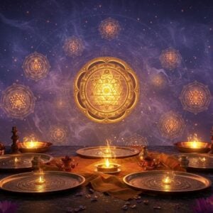 A mystical display of sacred yantras floating in a serene ethereal space, arranged in a mesmerizing spiral pattern. The central Sri Yantra glows with intense golden light, crafted with precise geometric patterns and Sanskrit inscriptions. Multiple authentic yantras orbit around it - including Lakshmi, Ganesh, and Durga yantras, each emanating their distinct colored auras (copper, red, and deep blue respectively). The background features a blend of traditional Madhubani art patterns with modern digital gradients in deep indigo and cosmic purple. Delicate smoke tendrils and sparkling light particles swirl around the yantras. In the foreground, traditional brass and copper plates with perfectly etched yantra designs rest on silk cloths of saffron and deep maroon. Crystal clusters and fresh lotus flowers frame the corners. The scene is illuminated by soft, divine light creating an atmosphere of sacred knowledge and spiritual power. Cinematic lighting with ray-traced reflections on the metallic surfaces. Hyperrealistic detail in the sacred geometry patterns. Style: Modern digital art with traditional Indian sacred art influences.