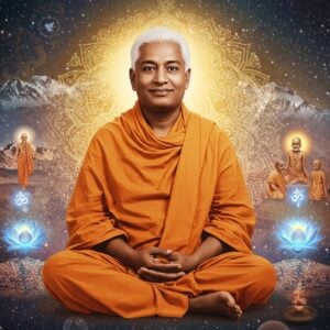 A serene portrait of Paramahansa Yogananda in his iconic orange robes, seated in padmasana against a cosmic backdrop filled with swirling galaxies and spiritual symbols. His face radiates divine light with a gentle smile and half-closed eyes in meditation. A golden aura surrounds him, transitioning into ethereal scenes from his life - the Himalayas, his meetings with saints, and his journey to America. Floating lotus flowers emit soft blue light, while intricate mandalas in gold and white pattern the background. The art style combines hyperrealistic portrait details with surreal spiritual elements. Multiple translucent layers show his transformation from a young seeker to an enlightened master. Sacred geometry patterns weave throughout, connecting different elements. The lighting creates a dreamy atmosphere with warm golden rays from above and cool blue undertones. The composition follows traditional Indian art principles with modern digital renders. Kriya Yoga symbols appear subtly in the background. The overall scene captures both the mystical and practical aspects of his teachings.