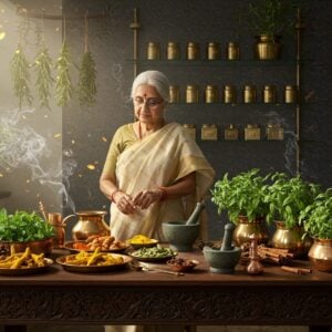 A serene Indian kitchen-garden setting with a central elderly Indian woman in elegant cream silk saree, creating traditional Ayurvedic remedies on a carved wooden table. The table displays meticulous arrangements of vibrant healing ingredients - golden turmeric roots, fresh mint leaves, holy basil plants, cardamom pods, and cinnamon sticks in copper vessels. Soft ethereal light streams through a window, creating a magical glow around various medicinal herbs hanging to dry. In the background, a modern glass shelf holds organized rows of brass containers with Ayurvedic preparations. The scene features intricate Madhubani-style botanical patterns on the walls in deep indigo and maroon. A sophisticated mortar and pestle made of stone sits prominently, surrounded by delicate copper measuring spoons. The atmosphere combines traditional wisdom with contemporary elegance, enhanced by floating particles of light and subtle smoke from therapeutic incense. The color palette focuses on earthy golds, deep greens, and warm browns, with accents of saffron and copper. Hyperrealistic digital art style with ethereal lighting and detailed textures, photographed in 8k resolution.
