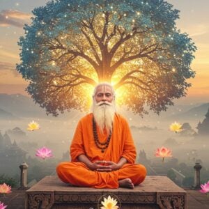 A serene portrait of an elderly Indian saint with flowing white beard and peaceful expression, dressed in simple saffron robes, seated in padmasana on a carved stone platform. Behind him, a large ethereal tree with luminescent leaves in gold and soft blue radiates spiritual energy. The background features a misty Himalayan landscape at dawn with subtle hints of temples. Intricate Madhubani-style patterns float in the air like spiritual energy. The saint's eyes are half-closed in meditation, with a subtle golden aura surrounding him. Floating lotus flowers in pastel pink and white create a circular pattern around him. The lighting is warm and mystical, with rays of divine light filtering through the morning mist. The overall composition combines traditional Indian artistic elements with modern digital art techniques, creating a dreamy, spiritual atmosphere. The color palette focuses on deep saffron, gold, soft blues, and ethereal whites. Photorealistic rendering with subtle surreal elements. Highly detailed facial features showing wisdom and compassion.