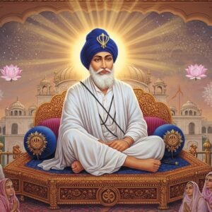 A serene portrait of Baba Sunder Singh Ji in traditional white robes seated in padmasana on an intricately carved wooden platform, surrounded by a soft golden aura. His face radiates divine peace with a gentle smile, long flowing white beard, and deep compassionate eyes. The background features the architectural marvel of Sangat Niwas rendered in Madhubani art style with detailed geometric patterns in deep maroon and peacock blue. Floating lotus flowers and subtle mandalas in ethereal pastel colors encircle him. Devotees in traditional Punjabi attire are shown in respectful poses at a lower level, their faces reflecting devotion. Rays of divine light in warm gold and soft pink emanate from behind Baba Ji, creating a mystical atmosphere. The scene is enhanced with delicate spiritual symbols and motifs from Sikh tradition in metallic gold. Photorealistic digital art style with surreal elements, emphasizing both traditional spirituality and contemporary aesthetic appeal.