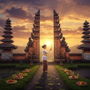 A serene Balinese Hindu temple complex at sunset, with traditional split gates (Candi Bentar) adorned with intricate gold-leafed carvings and red stone. In the foreground, a young Balinese woman in traditional white kebaya and golden sash performs the Sembahyang prayer ritual, her hands gracefully holding frangipani flowers and incense. Behind her, multiple tiers of thatched-roof Meru towers rise against a mystical sky filled with swirling patterns of purple and orange clouds. Sacred lotus ponds reflect the golden light, while stone statues of guardian deities wrapped in black-and-white checkered cloth (poleng) stand vigilant. Floating offerings (canang sari) with marigolds and rice grains create a path leading to the temple. The scene is enhanced with ethereal light rays filtering through the clouds, creating a magical atmosphere. The art style combines hyperrealistic digital rendering with traditional Balinese artistic motifs, featuring rich colors of gold, deep red, and royal blue, with elaborate patterns and sacred symbols etched into the temple architecture. Decorative umbrellas (tedung) in vibrant colors add vertical elements to the composition.