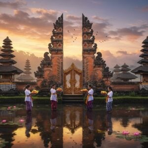 A magnificent Balinese temple complex at sunrise, featuring intricate gold-trimmed split gates (Candi Bentar) adorned with traditional Balinese Hindu motifs and carved dragons. In the foreground, three Balinese women in elegant traditional white kebaya and colorful sashes perform a graceful offering ritual, holding high brass plates filled with frangipani flowers and burning incense. The scene includes floating lotus flowers in a serene pond reflecting the temple's image. Multiple tiers of thatched-roof temple structures (Meru) rise against a mystical sky filled with soft pink and orange clouds. Ornate stone guardian statues draped in black and white checkered cloth (poleng) stand vigilantly at the temple entrance. The lighting is ethereal with golden sun rays filtering through morning mist, creating a dreamy atmosphere. The art style combines hyperrealistic architectural details with magical surrealism, featuring delicate particle effects of incense smoke and floating flower petals. Rich colors of deep gold, terracotta red, and emerald green dominate the temple structures, while maintaining soft, peaceful pastel tones in the sky and surrounding landscape.