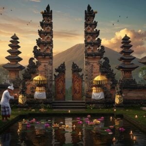 A serene Balinese Hindu temple courtyard at sunset, with intricate carved stone gates adorned with gold-leafed details and flowing fabric in saffron and white. In the foreground, a traditional Balinese priest in white ceremonial attire performs a meaningful ritual with flower offerings and incense. The scene features multiple tiers of traditional Meru towers with ornate black thatched roofs against a dreamy sky in peacock blue and soft gold. Floating lotus flowers and candles illuminate a sacred pool, reflecting the warm light. Detailed stone sculptures of Hindu deities and mythological creatures are adorned with fresh flower garlands and traditional yellow and white checkered cloth. Swirling smoke from burning incense creates ethereal patterns in the air, backlit by golden light. The overall composition combines both Balinese and Indian artistic elements, with intricate mandala patterns etched in the stonework. In the background, majestic Mount Agung volcano is visible, shrouded in mystical clouds. The art style merges hyperrealistic details with spiritual symbolism, featuring rich textures and a warm, glowing color palette of deep gold, terracotta, and emerald green, with modern digital rendering techniques for an elevated aesthetic appeal.