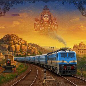 A majestic Indian Railways train cutting through a vibrant Karnataka landscape at golden hour, styled as a modern interpretation of Madhubani art. The train, painted in deep blue and silver, curves elegantly through the frame, with the iconic image of Lord Basaveshwara subtly reflected in its gleaming windows. The surrounding landscape features iconic landmarks along the route - the Hampi ruins with golden-hued boulder formations, Mysore Palace's illuminated domes, and Bengaluru's modern skyline in distant silhouettes. The sky transitions from deep saffron to peacock blue, decorated with intricate mandala patterns and railway track motifs. Traditional Kannada-style decorative elements frame the scene, with stylized lotus flowers and lingams in gold accents. Steam from the engine transforms into swirling, ornate patterns reminiscent of traditional Karnataka folk art. The foreground shows detailed miniature elements of modern railway infrastructure - signals, platforms, and tiny passengers in contemporary clothing. The art style combines hyperrealistic train details with ethereal, spiritual elements, rendered in a rich color palette of royal blue, burnished gold, deep maroon, and emerald green, with a subtle digital gradient overlay.