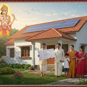 A modern Indian family standing in front of their newly constructed bright white house with traditional Kannada-style red clay roof tiles, surrounded by a lush garden with tulsi plant. The father holds building plans while the mother holds house keys decorated with sacred yellow thread. Their children express joy. The house façade features subtle Kannada architectural elements like carved wooden pillars and traditional rangoli at doorstep. A translucent, ethereal image of Basavanna blessing the family appears in the background sky, rendered in soft golden light. The scene is framed by intricate Madhubani-style border patterns in deep maroon and peacock blue. Modern solar panels visible on roof represent progress. The lighting is warm and optimistic, with soft lens flares. The composition balances traditional elements with contemporary housing features. Art style combines hyperrealistic digital rendering with traditional Indian art motifs, emphasizing hope and prosperity.