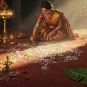 A serene early morning scene featuring an Indian woman in a traditional Tamil silk saree (deep maroon with golden border) creating an intricate Puthandu kolam on a red oxide floor. The kolam design features concentric geometric patterns with peacocks, lotus motifs, and traditional Tamil elements in pure white rice flour. Golden morning sunlight streams through, casting magical shadows on the design. The scene is surrounded by brass oil lamps, fresh mango leaves, and banana plants. Fresh jasmine flowers and marigold garlands decorate the entrance. The art style combines hyperrealistic digital rendering with traditional Tanjore painting aesthetics, featuring rich colors and golden accents. The lighting is ethereal with soft glowing highlights on the kolam powder. Small water droplets on banana leaves add morning freshness. The woman's hands are captured in graceful motion while drawing, adorned with traditional temple jewelry and bangles. Intricate rangoli dots grid visible in the background suggests multiple design possibilities. Overall mood is peaceful and auspicious, with subtle morning mist adding depth to the composition.