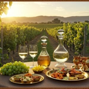 A luxurious Indian vineyard scene at golden hour, featuring elegant rows of green grape vines stretching into the horizon, with the Western Ghats mountains in the background. In the foreground, a beautifully arranged table setting with traditional brass and copper elements displays three crystal wine glasses filled with golden-hued white wine. The table is adorned with fresh green grapes, yellow champaca flowers, and traditional Indian brass plates filled with perfectly paired Indian appetizers like grilled prawns and saffron-spiced paneer. Soft, ethereal lighting filters through the grape leaves, creating a pattern of dancing shadows. A modern, minimalist wine decanter crafted in traditional Indian metalwork style sits centrally. The scene is rendered in a fusion of contemporary digital art with Madhubani-inspired decorative elements in the borders, featuring intricate vine patterns in gold and peacock blue. The lighting is warm and inviting, with lens flares and bokeh effects adding a premium feel. The color palette focuses on warm golds, fresh greens, and crystal clear whites, with subtle touches of traditional Indian motifs integrated into the modern composition.
