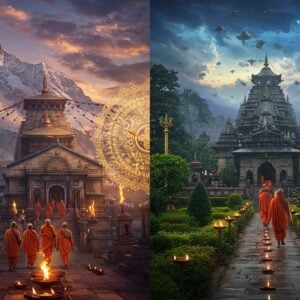A majestic split-screen panoramic composition: on the left, Nepal's snow-capped Muktinath temple complex nestled in the Himalayas with prayer flags fluttering, natural gas flames burning eternally; on the right, Bangladesh's ornate Dhakeshwari Temple surrounded by lush tropical gardens. The scenes merge through an ethereal golden mandala bridge in the center. In the foreground, detailed Indian pilgrims in traditional attire (saffron and white) walking along the spiritual path. The sky features mystical clouds in peacock blue and deep purple, with soft golden light breaking through. Floating lotus flowers and religious symbols transition between the scenes. The architecture is intricately detailed with Madhubani-style patterns on the temple walls. Small oil lamps create a warm glow throughout. Prayer bells, trishuls, and traditional religious motifs are scattered naturally in the scene. The art style combines hyperrealistic architectural details with surreal spiritual elements, rendered in rich, deep colors with metallic gold accents. Atmospheric perspective shows distant mountain ranges and temple spires fading into a misty horizon.