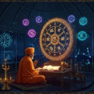 A mystical Indian astronomer in rich saffron robes seated in a modern glass observatory, surrounded by holographic projections of celestial bodies. The central focus shows an intricate, glowing 3D Panchangam wheel floating in mid-air, with Sanskrit symbols elegantly carved in gold. The wheel is surrounded by five smaller rotating rings representing the five aspects of Panchangam - Tithi, Nakshatra, Yoga, Karana, and Vara, each illuminated in different ethereal colors (deep purple, celestial blue, golden amber, emerald green, and cosmic red). In the background, a large window reveals a star-filled night sky with visible constellations of Indian astronomy. Traditional Madhubani-style border patterns merge seamlessly with futuristic digital elements. Sacred geometry patterns and mandala formations float as transparent overlays. The lighting is predominantly deep blue with golden accents, creating a serene yet modern atmosphere. The scene includes subtle elements like a floating lotus made of light particles, traditional astronomical instruments transformed into holographic displays, and glimpses of zodiac symbols rendered in traditional Pattachitra art style but with a neon glow.