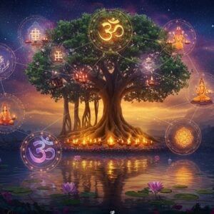 A ethereal scene depicting an ancient banyan tree with golden roots emerging from a sacred mandala pattern, its branches forming cosmic connections. The tree's canopy transforms into the cosmos, showing constellations of Hindu symbols - Om, Swastika, and Trishul. Around the tree, multiple interconnected circular portals float, each revealing different aspects of Hindu traditions - a sacred fire ceremony with floating diyas, meditation practices with golden auras, sacred geometry patterns, and karma cycles represented by intricate cosmic wheels. The scene is illuminated by soft, divine light in hues of saffron and gold. In the foreground, a serene lotus pond reflects the entire cosmic scene, with water ripples creating Madhubani-style patterns. Floating crystal prisms scatter rainbow light, creating an otherworldly atmosphere. The color palette includes deep indigos, celestial blues, burnished golds, and spiritual purples. The art style combines hyperrealistic digital rendering with traditional Pattachitra patterns and motifs. Multiple translucent layers of reality blend together, suggesting the interconnected nature of Hindu philosophy. Sacred threads and flowers float weightlessly throughout the scene.