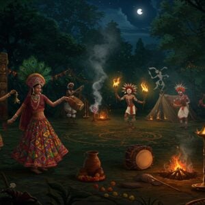 A vibrant night scene showcasing diverse Indian tribal celebrations, featuring three distinct groups in traditional attire performing ritualistic dances in concentric circles. In the foreground, Gond tribal women in peacock-feathered headdresses and colorful geometric-patterned skirts dance with brass bells. Center shows Bhil warriors with elaborate face paintings performing a fire dance, holding flaming torches that create dramatic lighting. Background depicts Warli tribal members in white-painted costumes performing harvest rituals. Scene includes authentic tribal musical instruments - dhol, bamboo flutes, and manjiras. Setting decorated with ceremonial totems, hanging lanterns, and marigold garlands. Tribal art motifs and patterns float ethereally in the air. Color palette combines deep forest greens, earthen browns, festive reds, and gold accents. Smoke from sacred fires creates a mystical atmosphere. Art style merges traditional Gond, Warli, and Bhil painting techniques with modern digital art aesthetics, rendered in rich, detailed strokes. Soft moonlight filtering through tree canopy creates dramatic shadows. Multiple small campfires dot the scene, creating warm glowing points of light. Ultrawide cinematic composition, atmospheric lighting, highly detailed, 8k resolution.