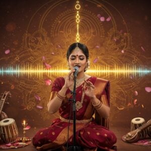 A mesmerizing Indian classical music scene with a female vocalist in a rich maroon silk saree performing against a backdrop of swirling, ethereal golden soundwaves shaped like traditional mandala patterns. The soundwaves transform into 22 distinct shruti intervals, each represented by glowing, floating musical notes in different shades of saffron and peacock blue. The singer's hands are gracefully positioned in musical mudras, with visible energy vibrations emanating from her throat chakra in concentric circles. Intricate Madhubani-style patterns form the border, featuring miniature traditional Indian musical instruments like veena, sitar, and tambura. The atmosphere is dreamy with soft, diffused lighting and subtle lens flares. Floating lotus petals in pastel pinks and blues add movement to the composition. The singer's jewelry includes traditional Indian pieces that seem to resonate with the musical vibrations. The overall scene has a surreal, digital art quality while maintaining traditional Indian artistic elements, with a color palette of deep maroons, rich golds, and peaceful blues.