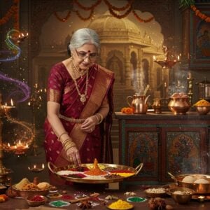 A grandmotherly figure in an elegant maroon silk saree with gold border, wearing traditional Indian jewelry, standing in a traditional Indian kitchen with brass and copper utensils. She's creating rangoli with colorful spices and grains on a golden brass thali. The kitchen features intricately carved wooden cabinets with Madhubani-style paintings. Floating around her are ethereal, glowing elements: saffron-colored marigold garlands, illuminated diyas, steam rising from copper vessels containing traditional dishes. The background shows a soft-focused temple architecture with mandala patterns. The scene is lit with warm, golden light creating a magical ambiance. Modern stainless steel appliances subtly blend with traditional elements. Rich aromas are visualized through swirling, colorful patterns in the air. The art style combines hyperrealistic details with magical realism, featuring deep jewel tones like peacock blue, royal purple, and burnished gold. The scene should be photorealistic but with an otherworldly quality, showcasing both modern and traditional elements seamlessly blended.