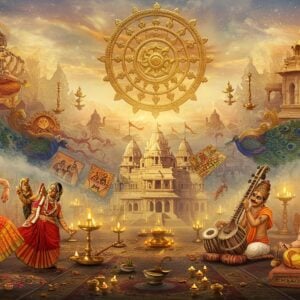 A magnificent Indian cultural panorama set in a surreal, ethereal space where a golden spinning Ashoka Chakra forms the central focal point, emanating rays of saffron and deep blue light. In the foreground, intricately detailed traditional art forms come to life - a Bharatanatyam dancer in a vibrant red and gold silk costume performs gracefully on the left, while a master craftsman creates detailed Madhubani art on the right. The middle ground features a seamless blend of cultural symbols - an ornate temple architecture merging into classical musical instruments like sitar and tabla. The background showcases a flowing tapestry made of interconnected mandalas, peacock motifs, and geometric patterns in rich jewel tones of deep maroon, royal blue, and emerald green. Floating elements include delicate rangoli patterns, miniature paintings, and sacred threads, all illuminated by soft, divine light. The scene incorporates both traditional Pattachitra art style and modern digital art techniques, with gold leaf effects and metallic accents. Ethereal mist in pastel hues swirls throughout, creating depth and mystery. The composition flows from left to right, suggesting a story being told through visual elements, with each element casting a subtle golden glow.