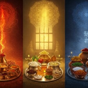 A triptych-style sacred Indian kitchen scene divided into three ethereal sections, each depicting the essence of gunas. The central panel shows a serene Sattvic setting with fresh fruits, vegetables, honey, and nuts arranged on silver thalis, bathed in golden divine light streaming through a window. The left panel portrays Rajasic foods with spicy curries, aromatic spices, and coffee in traditional brass vessels, surrounded by vibrant red-orange energy swirls. The right panel illustrates Tamasic foods with fermented items and preserved foods in earthen pots, enveloped in deep blue-grey mystical shadows. A large, intricate mandala floats above, connecting all three sections, with each section having its distinct aura - golden for Sattvic, fiery orange for Rajasic, and deep indigo for Tamasic. The scene features delicate Madhubani-style border patterns, with small lotus motifs in each corner. The lighting emphasizes the three distinct energies - pure light in the center, warm intensity on the left, and mysterious shadows on the right. The scene is rendered in a modern digital art style while maintaining traditional Indian artistic elements.