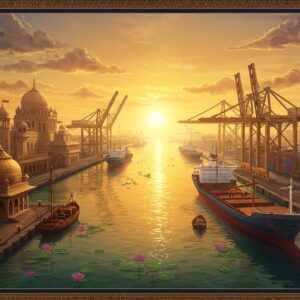 A majestic aerial view of an Indian port during golden sunset, featuring intricate Madhubani-style border patterns in deep navy and gold. The scene shows massive cargo ships adorned with traditional Indian motifs, their containers painted in vibrant peacock blues and royal purples. In the foreground, detailed mandala-inspired crane structures in burnished gold lift specialized cargo. The water reflects the warm light, creating patterns reminiscent of traditional Pattachitra art. Modern port infrastructure seamlessly blends with heritage architecture, featuring ornate domes and archways. Floating lotus flowers dot the harbor waters, while stylized waves in turquoise and gold create dynamic patterns. The sky features delicate cloud formations inspired by traditional Indian miniature paintings, with subtle geometric patterns. The overall composition combines modern industrial elements with classical Indian artistic elements, rendered in a digital art style with rich textures and atmospheric lighting. The scene includes small details like traditional oil lamps near the docking areas and peacock motifs on the port structures.