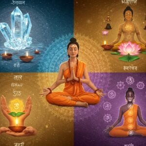 A serene Indian yoga practitioner in lotus position, floating in a metaphysical space divided into four distinct ethereal quadrants. Each quadrant represents a yoga path: top-left shows glowing Sanskrit scriptures and crystal-clear water (Jnana), top-right displays devotional elements with floating diyas and lotus flowers (Bhakti), bottom-left shows hands offering service with golden light (Karma), and bottom-right shows a meditating figure surrounded by seven chakra symbols (Raja). The central figure wears modern athleisure in soft saffron, adorned with rudraksha beads. The background features intricate Madhubani-style patterns in deep indigo and gold. Swirling energy lines in pastel blues and purples connect all quadrants. Soft, glowing orbs of light float throughout the scene. The lighting is ethereal with a warm golden gradient. The overall composition is symmetrical with a surreal, digital art style blending traditional Indian motifs with contemporary elements. The scene radiates peace and spiritual energy with subtle sacred geometry patterns.