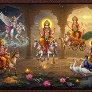A mystical Indian temple courtyard at dawn with soft golden light filtering through ornate pillars, featuring five lesser-known Hindu deities arranged in a circular formation: Vayu Dev riding his antelope with his white flowing robes and banner, Kubera seated on a gem-studded throne counting golden coins, Karthikeya riding his peacock mount with six heads and holding his vel spear, Surya in his seven-horse chariot radiating solar energy, and Chandra Dev on his chariot pulled by white geese. Each deity emanates their distinct aura - wind swirls around Vayu, golden light around Surya, silver moonbeams around Chandra, while gem-studded treasures glitter around Kubera, and peacock feathers float around Karthikeya. The scene is framed by intricate Madhubani-style borders with traditional motifs in deep maroon and peacock blue. Floating lotus flowers, glowing mandalas, and ethereal mist add depth. The art style combines hyperrealistic digital rendering with traditional Indian art elements, featuring rich jewel tones and metallic accents. The background shows constellation patterns of Hindu astrology in subtle gold lines.