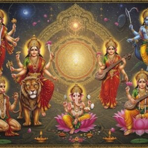 A majestic celestial scene featuring multiple Hindu deities arranged in a circular formation around a central, glowing Sri Yantra. Goddess Durga in her eight-armed form riding her lion, wielding trishul, sword, chakra and other divine weapons, adorned in a deep red saree with gold embellishments. Lord Ganesha seated on a lotus throne, four-armed holding modak, axe, lotus and his broken tusk, with his vahana mouse at his feet. Goddess Saraswati in pristine white, seated on a white lotus, four-armed playing the veena, holding books and crystal mala. Lord Hanuman in dynamic pose showing strength, carrying the Sanjeevani mountain, with his tail forming an Om symbol. Lord Kartikeya riding his peacock vahana, six-headed, holding his vel spear glowing with divine energy. Each deity emanates their signature aura colors - red for Durga, yellow for Ganesha, white for Saraswati, orange for Hanuman, and blue for Kartikeya. The background features intricate Madhubani-style patterns in gold, floating lotus flowers, and swirling cosmic energy. The scene is illuminated by divine light from above, creating a modern ethereal atmosphere while maintaining traditional iconography. Rendered in a style combining digital art with traditional Indian art elements, emphasizing rich colors and intricate details.