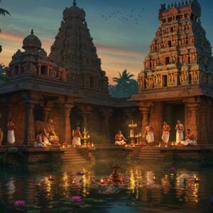 A grand ancient South Indian temple complex at twilight, with towering gopurams adorned with intricate Dravidian sculptures in gold and terracotta hues. In the foreground, a serene temple tank reflects the sky, with floating lotus flowers and oil lamps. A group of Tamil priests in traditional white vestments perform ancient non-Vedic rituals near the tank, with brass vessels and coconuts. The scene features mystical elements like floating kolam patterns made of light, sacred bull sculptures, and Sangam-era symbols. The atmosphere is enhanced by streams of golden light filtering through the temple pillars, illuminating sacred grove trees (sthalavriksham) and traditional Tamil musical instruments. The color palette emphasizes deep blues, burnt orange, and gold, with intricate Dravidian patterns and motifs woven throughout the scene. The art style merges hyperrealistic architectural details with ethereal, spiritual elements, creating a mystical atmosphere that bridges ancient traditions with contemporary aesthetics. MPear trees and banana leaves frame the scene, with peacocks roaming in the courtyard.