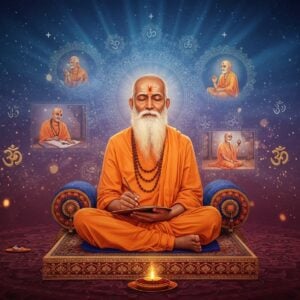 A serene elderly Indian saint with a flowing white beard, wearing simple saffron-colored traditional attire, seated in padmasana on an ornate marble platform. His eyes are closed in deep meditation, radiating divine peace. Around him, intricate Madhubani-style patterns in gold and deep blue spiral outward. Multiple translucent layers show scenes from his life: one layer depicts him writing poetry, another shows him blessing devotees. Floating spiritual symbols in glowing gold - the Ik Onkar symbol and lotus flowers - surround him. The background transitions from deep maroon at the bottom to a ethereal peacock blue at the top, with soft light rays emerging from behind the saint. Delicate mandala patterns in metallic gold and silver float in the air. The scene is rendered in a style merging traditional Indian miniature painting with modern digital art, featuring rich textures and atmospheric lighting. A subtle aura of golden light encompasses the entire composition, symbolizing divine wisdom.