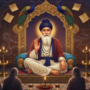 A serene portrait of Bhagat Bhikhan Ji depicted as an elderly Indian saint with flowing white beard, wearing simple white dhoti and shawl, seated in padmasana on a richly decorated marble platform. His hands are positioned in mudras of teaching. Behind him rises an ornate golden arch adorned with intricate Madhubani-style patterns featuring peacocks and lotus motifs. Soft rays of divine light emanate from his form. The background shows a mystical scene with floating sheets of ancient scriptures with Gurmukhi text transforming into golden musical notes. Multiple brass oil lamps with glowing flames float around him. The color palette features deep maroons, saffron, and peacock blues with touches of ethereal gold. The atmosphere is enhanced by swirling incense smoke creating mystical patterns. In the foreground, devotees sit in reverence, rendered in a minimalist style. The overall composition blends traditional Sikh iconography with contemporary digital art techniques, creating a luminous, spiritual atmosphere. Photorealistic details in the main figure, stylized traditional Indian art elements in the decorative elements.
