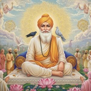 A serene portrait of Bhagat Bhikhan Ji as an elderly sage with gentle eyes and a warm smile, seated in padmasana on an ornate marble platform. He wears simple white cotton dhoti and angavastram with subtle golden threadwork. A radiant golden aura surrounds him, merging with intricate Madhubani-style mandalas floating in the background. Two doves - one white and one golden - perch peacefully on his shoulders. The scene is set in a mystical garden with blooming lotus flowers in pastel pink and blue. Soft rays of divine light filter through stylized clouds, creating ethereal patterns. Multiple streams of people from different faiths - depicted through their traditional attires - approach him from all directions, their figures rendered in a modern minimalist style. The color palette focuses on peaceful tones of ivory, gold, soft blue, and pale pink. The overall composition follows contemporary digital art aesthetics while incorporating traditional Indian artistic elements like detailed paisley patterns and sacred geometry. The lighting creates a dreamlike atmosphere with gentle glows and subtle lens flares.