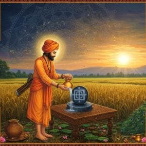 A serene portrait of Bhagat Dhanna Ji as a humble Indian farmer in traditional dhoti and angarkha, depicted with a divine golden aura around him, working in lush green fields during sunrise. He's shown offering water to the Shaligram (sacred stone) placed on an intricately carved wooden platform. The background features a magnificent Madhubani-style mandala pattern in deep indigo and gold, merging into a pastoral landscape with wheat fields. Floating lotuses and peacock feathers frame the scene. The lighting is ethereal with soft rays of morning sun creating a mystical atmosphere. Traditional Indian patterns and motifs in saffron and maroon adorn the borders. The art style combines hyperrealistic details with spiritual symbolism, featuring delicate brush strokes and rich textures. Small vignettes in each corner show him feeding the poor, meditating, and performing seva. The overall composition emanates devotion, simplicity, and spiritual enlightenment with a dreamy, surreal quality enhanced by floating diyas and flower petals.