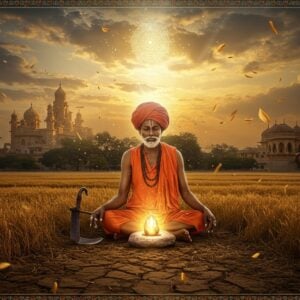 A serene portrait of a humble Rajasthani farmer-saint in traditional dhoti and angarkha, seated cross-legged on sun-baked earth amidst golden wheat fields of medieval Rajasthan. His weathered face radiates divine peace, with eyes closed in deep meditation. A simple stone representing the divine glows with ethereal light before him. In the background, intricate Rajasthani architectural elements merge with celestial mandalas. The scene is illuminated by a warm sunset creating long shadows, with rays of light filtering through clouds in divine patterns. Delicate Madhubani-style border patterns frame the scene, incorporating traditional Rajasthani motifs of peacocks and camels. The color palette features earthy browns, warm golds, deep maroons, and touches of turquoise. Floating particles of wheat chaff catch the golden light, creating a mystical atmosphere. The art style combines hyperrealistic details with spiritual surrealism, rendered in rich, deep colors with modern digital precision.