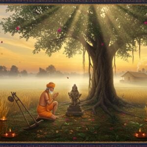 A serene rural Indian landscape at dawn with golden sunlight filtering through misty fields, featuring a humble farmer-saint Dhanna in traditional dhoti and angavastram, kneeling in deep devotion before a small stone deity under a ancient banyan tree. His weathered hands are joined in prayer, with farming tools like a wooden plough and sickle placed reverently beside him. The scene is surrounded by lush wheat fields ready for harvest, symbolizing abundance. Intricate Madhubani-style patterns frame the scene, with peacocks and lotuses in deep indigo and gold. Soft rays of divine light descend from above, creating a mystical atmosphere. The background shows a small mud house with smoke rising from its earthen stove. The color palette features earthy browns, harvest gold, deep saffron, and spiritual blues. The art style combines hyperrealistic details with ethereal Indian traditional art elements, creating a photorealistic yet mystical quality. Small details include floating rose petals, glowing diyas, and subtle mandala patterns in the sky.