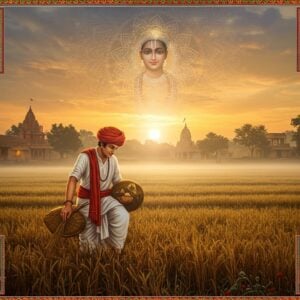 A serene rural scene depicting Bhagat Dhanna as a young Indian farmer in traditional Rajasthani attire (white dhoti and turban) working in golden wheat fields during sunrise. He's shown in a contemplative pose, one hand touching the earth while the other raised in devotion. Behind him, a mystical overlay shows his transformation from farmer to saint, illustrated by a glowing mandala pattern. The background features a traditional Rajasthani village with mud houses and a small temple, rendered in rich earth tones of sienna and ochre. Intricate Madhubani-style patterns decorate the borders of the scene. The lighting is ethereal with soft golden rays filtering through morning mist, creating a divine atmosphere. Small vignettes in Phad painting style float in the corners, showing him serving food to the poor and in meditation. The color palette combines deep maroons, earthy browns, and touches of celestial blue. The scene is detailed in 4K ultra-realistic style while maintaining traditional Indian art elements, creating a harmonious blend of ancient and modern aesthetics.