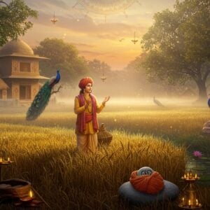 A serene Indian village scene at dawn, featuring a young Bhagat Dhanna in traditional 15th-century Rajasthani farmer attire working in his fields. He stands in a golden-lit wheat field, his hands raised in devotion, with a stone (representing the Shaligram) wrapped in cloth near him. The background shows a traditional Rajasthani mud house with intricate Madhubani-style patterns. Ethereal light streams through morning mist, creating a divine atmosphere. The sky features subtle mandala patterns in soft oranges and blues. Detailed peacocks perch on nearby trees, and lotus flowers bloom in a nearby pond. The scene combines hyperrealistic textures with traditional Indian art elements, using a rich color palette of earth tones, deep maroons, and golden yellows. Floating diyas and subtle spiritual symbols appear in the periphery. The composition emphasizes both Dhanna's humble farmer origins and his deep spiritual devotion, with a magical, otherworldly quality to the lighting and atmosphere.