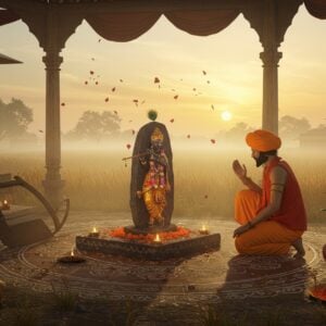 A serene Indian village scene at dawn with a humble farmer in traditional dhoti and turban, resembling Bhagat Dhanna, performing devotional worship before a sacred stone representing Lord Krishna. Golden rays of sunlight filter through morning mist, creating a divine aura. The setting includes authentic 15th-century Rajasthani agricultural elements - traditional wooden plow, earthen pots, and wheat fields in the background. A decorated sacred tulsi plant nearby, with intricate Rajasthani Mandana floor patterns surrounding the worship area. Soft, ethereal lights in shades of saffron and gold illuminate the scene. The farmer's face shows deep devotion and spiritual enlightenment. Incorporates Phad painting style elements with modern digital art techniques, featuring rich colors like deep maroon, royal blue, and burnished gold. Floating lotus petals and subtle mandalas in the air add a mystical touch. The overall composition emphasizes the transformative power of devotion and simple living.