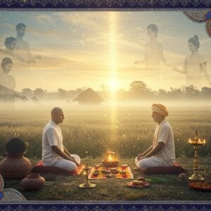 A serene rural Indian landscape at dawn, where a humble farmer in simple white dhoti and kurta (representing Bhagat Dhanna) kneels in deep meditation before a naturally arranged altar of stones and sacred items. Golden divine light streams down through morning mist, creating a mystical atmosphere. The background shows a traditional Indian farm with wheat fields glowing in warm sunlight. Intricate Madhubani-style patterns frame the scene, featuring peacocks, lotus motifs, and geometric designs in deep indigo and saffron. Contemporary young Indian people in modern clothes are shown as transparent, ethereal figures in the periphery, symbolically receiving wisdom from Bhagat Dhanna's meditation. The scene includes elements of both antiquity and modernity - ancient earthen pots and modern meditation cushions, traditional oil lamps alongside subtle modern prayer beads. Soft pastel colors blend with rich earth tones, creating a harmonious transition between past and present. Hyperrealistic digital art style with magical realism elements, enhanced by particle effects and subtle golden aura.