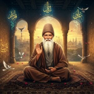 A serene elderly Sufi saint with a flowing white beard, dressed in simple earth-toned robes, sitting cross-legged on an intricately patterned Persian carpet, illuminated by soft golden light streaming through ornate Islamic arches. His hands are gracefully positioned in contemplative gesture, with prayer beads draped across them. Around him, ethereal spiritual symbols float - delicate geometric patterns in shades of deep blue and gold intertwine with mystical Sufi motifs. The background transitions from a traditional medieval setting with mud walls and wooden beams to modern urban landscapes, symbolizing timelessness. Swirling calligraphic patterns in gleaming gold create a dreamlike atmosphere. Doves in flight and scattered rose petals add movement. The lighting is warm and mystical, with soft glows reminiscent of dawn. The art style combines traditional Mughal miniature techniques with contemporary digital art aesthetics, using a color palette of deep indigos, warm golds, earthy browns, and touches of emerald green. Photorealistic details in the saint's compassionate expression and weathered hands, while maintaining an overall ethereal quality.