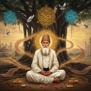 A serene elderly Sufi saint with a flowing white beard and traditional white kurta, sitting cross-legged in deep meditation under a centuries-old banyan tree. His weathered face radiates peace and wisdom. Around him, ethereal golden light forms intricate Persian and Indian patterns in the air. In the background, a mystical landscape features both a Hindu temple and a mosque with soft-focus architecture. Floating geometric mandalas in deep blues and turquoise intertwine with Urdu and Sanskrit calligraphy. Doves in flight create graceful arcs overhead. The foreground shows scattered rose petals and prayer beads. The color palette combines earthy browns with celestial blues and gold accents. The art style merges traditional Mughal miniature techniques with modern digital art, featuring detailed patterns and a dreamy, spiritual atmosphere. Multiple layers of translucent fabric swirl around the saint, carrying subtle Sufi symbols and patterns. The lighting creates a divine glow around the central figure, suggesting spiritual enlightenment.