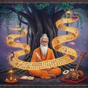 A serene Indian sage with silver hair and flowing white robes seated in padmasana under a ancient banyan tree, writing with a golden quill on illuminated scrolls that float and spiral around him. Sacred verses in Gurmukhi script emanate as glowing ethereal wisps from the scrolls, transforming into vibrant peacocks, lotuses, and spiritual symbols. The background features a dreamy blend of deep indigo and royal purple, with soft golden light filtering through the banyan leaves. Intricate Madhubani-style patterns in gold and saffron frame the scene, while delicate mandalas pulse with divine energy in the corners. The sage's face radiates peaceful wisdom, with eyes closed in deep meditation. Traditional Indian musical instruments like the rabab and tambura float ethereally nearby, emanating visible sound waves in shades of copper and bronze. The overall scene has a mystical, timeless quality with a perfect blend of traditional and digital art elements, featuring ray-traced lighting and volumetric fog effects