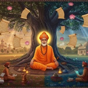 A mystical scene depicting Bhagat Pipa in regal attire transformed into simple saffron robes, sitting in padmasana pose under a massive ancient banyan tree. He's surrounded by floating, luminescent manuscripts and scrolls containing his poetry in Devanagari script. The background transitions from a royal palace on one side to a humble ashram on the other, symbolizing his journey from king to saint. Ethereal golden light streams through the branches, creating mandala patterns on the ground. Modern young Indians in contemporary clothes sit at his feet, some with laptops and tablets, while others hold traditional pothi manuscripts, representing the timeless relevance of his teachings. The scene features intricate Madhubani-style border patterns with peacock motifs and geometric designs in deep indigo and maroon. Floating lotuses and subtle spiritual symbols blend with modern digital elements like holographic projections of his verses. The lighting is warm and magical, with soft glowing orbs and sparkles. Art style should be a fusion of traditional Indian miniature painting techniques with contemporary digital art, maintaining photorealistic details while incorporating surreal elements.