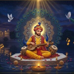 A serene nighttime scene depicting Bhagat Pipa in traditional 15th-century Rajasthani royal attire playing a tambura, his figure illuminated by ethereal golden light. He sits in padmasana on an ornate marble platform surrounded by floating, glowing musical notes rendered in the style of ancient Sanskrit scriptures. Behind him, a large mandala formed of intricate peacock feathers and lotus patterns radiates soft blue and gold light. The background features the royal palace of Gagraun transforming into spiritual imagery, showing his journey from king to saint. Mystical water ripples reflect the moonlight, creating patterns of divine symbols. Traditional Indian musical instruments like veena, mridangam, and cymbals float around him, emanating subtle golden auras. The art style combines Rajasthani miniature painting techniques with modern digital art, featuring rich jewel tones of deep blue, royal purple, and burnished gold. Ethereal doves and peacocks in flight add movement to the composition, while scattered rose petals and incense smoke create a dreamy atmosphere. The lighting emphasizes the spiritual transformation with warm golden rays from above meeting cool moonlight from below.