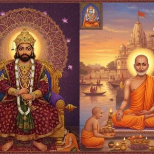 A regal medieval Indian king in rich royal attire transforming into a humble saint, depicted in a split composition. On the left, he's wearing an ornate crown, jeweled necklaces, and royal robes in deep maroon and gold, sitting on a throne. On the right, the same figure appears as an ascetic saint in simple saffron robes, seated in meditation near the banks of the sacred Ganges, with the holy city of Kashi in the background. A large, intricate mandala in gold and peacock blue forms a glowing halo behind him. The scene features traditional Madhubani-style patterns in the borders, with small vignettes showing him serving food to the poor and worshipping Krishna. Floating lotus flowers, subtle spiritual symbols, and soft ethereal light create a mystical atmosphere. The color palette transitions from royal deep purples and golds to serene oranges and soft blues. The artwork should blend traditional Indian miniature painting style with modern digital art techniques, creating a dreamlike, spiritual quality. Realistic Indian facial features, detailed fabric textures, and architectural elements of medieval India.