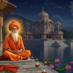 A serene Indian sage with flowing white beard, wearing saffron robes and a traditional Rajasthani turban, seated in padmasana on ornate marble steps leading to a mystical lake. His eyes are closed in deep meditation, with a subtle golden aura surrounding him. In the background, a magnificent haveli-style temple with intricate Rajasthani architecture merges with contemporary geometric patterns. The scene is illuminated by floating diyas creating magical reflections on the water. Ethereal mandala patterns in gold and deep blue hover in the air, symbolizing spiritual wisdom. The foreground features carefully arranged symbolic elements: a water pot (representing his original profession), royal attire discarded to the side (depicting his renunciation), and blooming lotus flowers emerging from the lake. The color palette combines deep maroons, royal blues, and burnt orange with modern metallic gold accents. The art style seamlessly blends traditional Rajasthani miniature painting techniques with contemporary digital art, creating a mystical yet accessible atmosphere. Soft particle effects and gentle light rays filter through the scene, giving it a timeless quality.