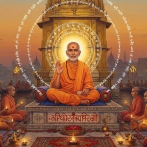 A serene evening scene depicting Bhagat Ramanand in traditional saffron robes, seated cross-legged on an ornate marble platform adorned with intricate Madhubani patterns. His face radiates divine wisdom with gentle eyes and a peaceful smile. Behind him rises a massive golden temple structure blending ancient Indian architecture with modern geometric patterns. His right hand is raised in blessing while his left holds a sacred text. Around him, multiple ethereal rings of light form concentric mandalas in soft blues and golds. In the foreground, devoted disciples in traditional Indian attire sit in reverence, their faces illuminated by floating diyas. The scene incorporates flowing sacred threads and lotus flowers, with Sanskrit symbols dissolving into sparkles of light. The background features a gradient sky transitioning from deep saffron to twilight blue, with subtle Varanasi ghats silhouetted in the distance. The art style combines hyperrealistic details with spiritual surrealism, featuring a color palette of deep maroons, saffrons, and celestial blues with accents of metallic gold. Soft light rays filter through the scene creating a mystical atmosphere.
