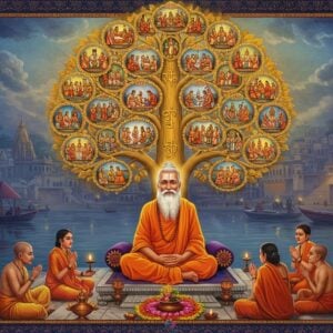 A serene elderly Indian sage with flowing white beard and hair, wearing saffron-colored dhoti and angavastram, seated in padmasana on an ornate marble platform. Behind him rises a magnificent golden tree with branches forming intricate mandalas, each containing miniature scenes of devotees from different castes praying together. The tree's leaves are made of shimmering Sanskrit verses in metallic copper. Around him, disciples in traditional 14th-century attire sit in reverence, their faces illuminated by floating diyas. The background features a mystical blend of Varanasi's ghats and temple spires rendered in deep indigo and burnt orange. Soft rays of divine light filter through clouds, creating halos around the figures. The scene incorporates Madhubani-style decorative patterns in muted gold and peacock blue along the borders. Small details include lotus flowers floating in the Ganga, prayer beads, and sacred texts. The overall composition creates a harmonious blend of spirituality and historical authenticity, with a dreamy, ethereal quality enhanced by subtle glowing effects and morning mist.