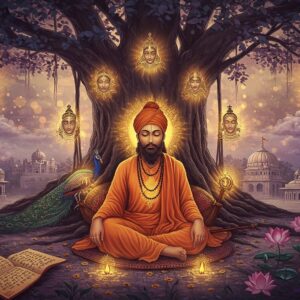 A serene portrait of Bhagat Trilochan in traditional 15th-century Indian attire, seated in meditation under a sacred banyan tree, his eyes closed in divine contemplation. He wears simple white dhoti and angarkha with a saffron shawl. Golden divine light emanates from his form in intricate Madhubani-style patterns. Around him float mystical visions: a peacock representing divine beauty, a lotus representing spiritual awakening, and celestial clouds in soft pastels of purple and gold. The background features a blend of both Hindu and Sikh architectural elements - an ancient temple and a gurudwara, painted in traditional Phad art style. Sacred scriptures written on palm leaves gently float around him, illuminated by soft ethereal light. The scene incorporates delicate mandalas and geometric patterns in metallic gold and deep indigo. Photorealistic digital art style with atmospheric lighting, soft bokeh effects, and a dreamy, spiritual quality. The color palette includes deep maroons, celestial blues, and touches of gold throughout the composition.